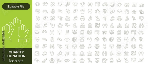 Fototapeta Charity and Donation set of web icons in line style. Volunteering and donation icons for web and mobile app. Help, caring, solidarity, alms, donate, volunteer, care, charity and more. Editable stroke