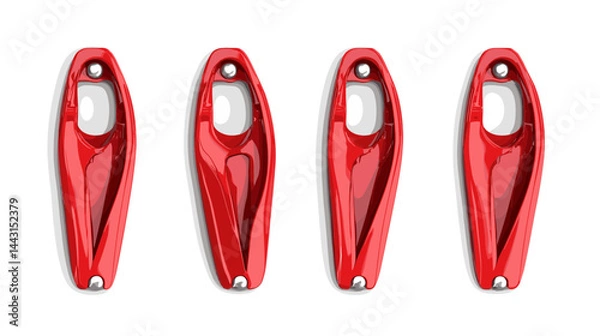 Fototapeta Four Red Plastic Objects in a Row on White Background