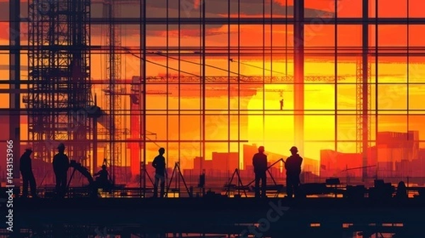 Obraz Silhouettes of Engineers and workers inspecting a project on a building site background, construction site at sunset,