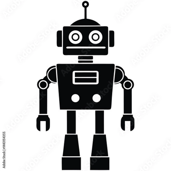 Fototapeta Black silhouette animation style a cute robot white background, retro-style robot illustrations with square heads and mechanical limbs, black and white vector graphics, toy robot silhouette vector art