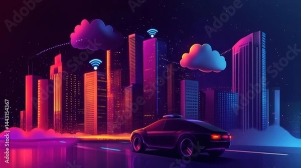 Obraz Social networking city and town with automation car on the world symbols moving from buildings to cloud using wifi. Vector illustration, penology, communication, generation, modern,