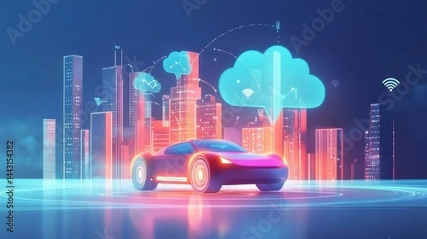 Obraz Social networking city and town with automation car on the world symbols moving from buildings to cloud using wifi. Vector illustration, penology, communication, generation, modern,