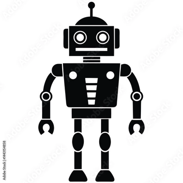 Fototapeta Black silhouette animation style a cute robot white background, retro-style robot illustrations with square heads and mechanical limbs, black and white vector graphics, toy robot silhouette vector art