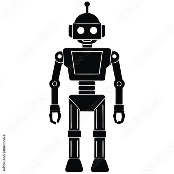 Fototapeta Black silhouette animation style a cute robot white background, retro-style robot illustrations with square heads and mechanical limbs, black and white vector graphics, toy robot silhouette vector art