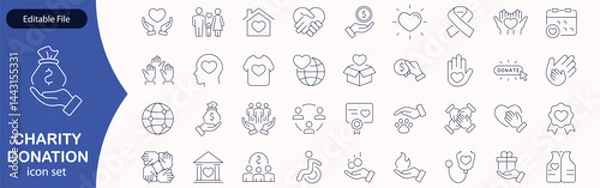 Fototapeta Charity and Donation set of web icons in line style. Volunteering and donation icons for web and mobile app. Help, caring, solidarity, alms, donate, volunteer, care, charity and more. Editable stroke