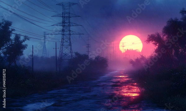 Fototapeta Misty road at sunset with power lines