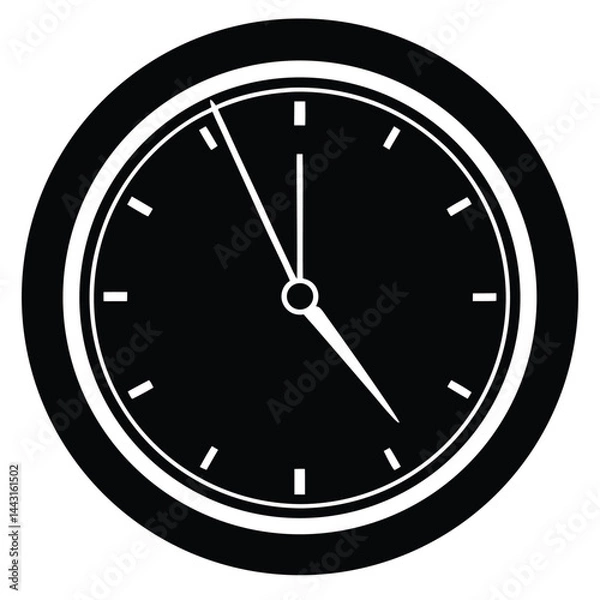 Fototapeta Silver clock face with midnight time. 3d platinum watch on black background. Classic vintage luxury elegant roman numeral clock. Realistic vector illustration for new year or Christmas greeting card.