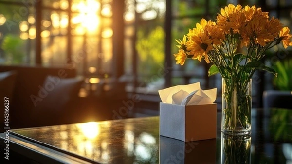 Obraz Golden hour sunlight illuminates a table with tissues and yellow flowers in a vase.