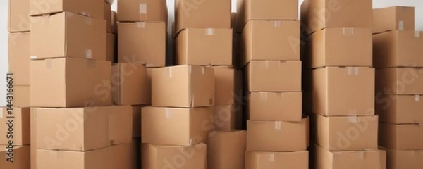 Fototapeta Neatly stacked brown cardboard boxes on white  , order, reuse, photography