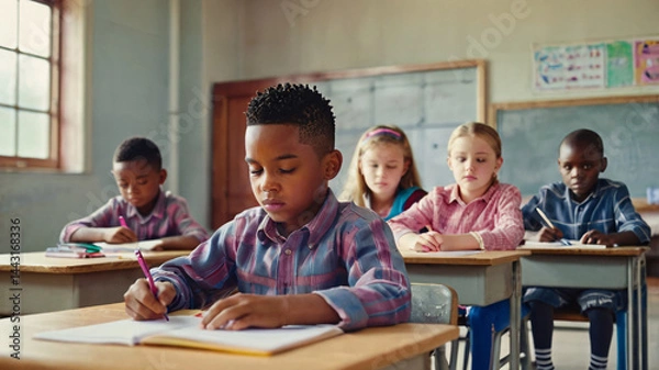 Fototapeta This image shows a classroom scene where several children are seated at wooden desks, engaged in writing.