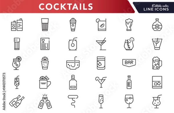 Fototapeta Cocktails line icon set. Drinks, party, club, alcoholic, bubble tea, vodka, pub, coffee, refreshment outline icon collection. UI thin outline icon pack