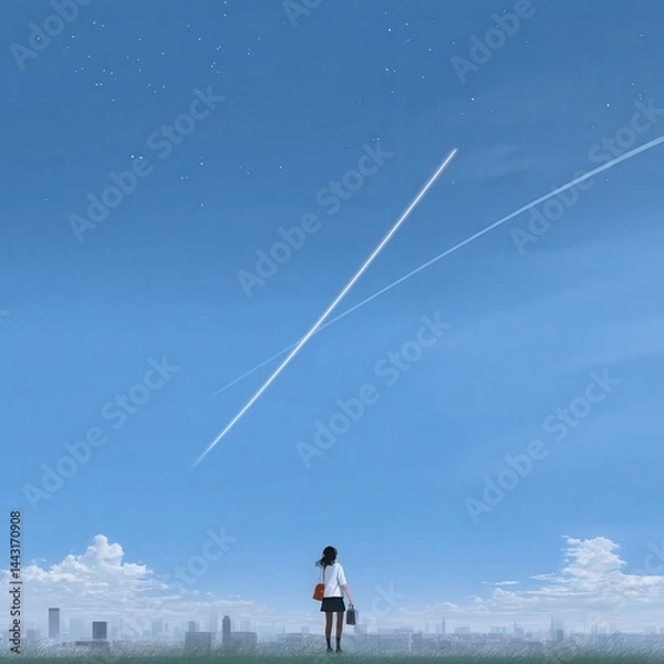 Fototapeta A girl aiming for infinity, beyond the sky, gazing at the sky, a beautiful view. A beautiful work from pixiv. A masterpiece from pixiv.