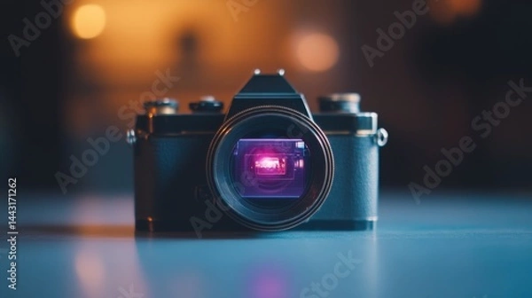 Fototapeta Camera positioned on a surface with vibrant lens reflection illuminated by warm ambient light in an indoor setting