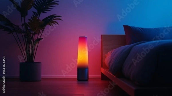 Fototapeta Modern bedroom with vibrant lamp and warm shadows creating a cozy and inviting atmosphere at night