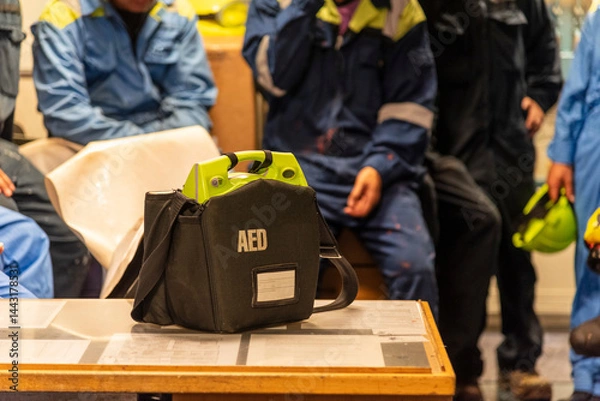 Fototapeta Focused shot of an AED, a vital link in survival, during emergency training of the crew on a cargo ship.