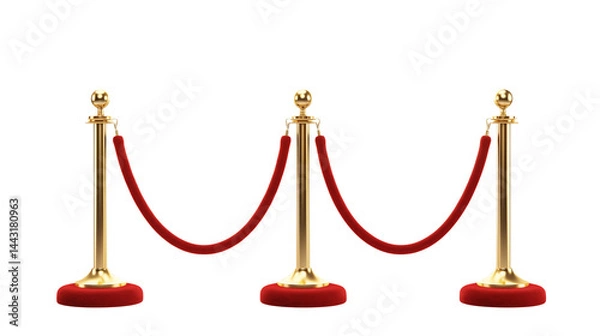 Fototapeta Three golden stanchions with red velvet ropes isolated on transparent background	