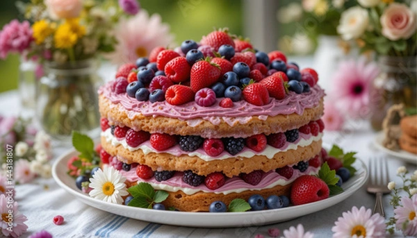 Fototapeta Layered Berry Cake with Fresh Fruits and Cream on a Festive Table