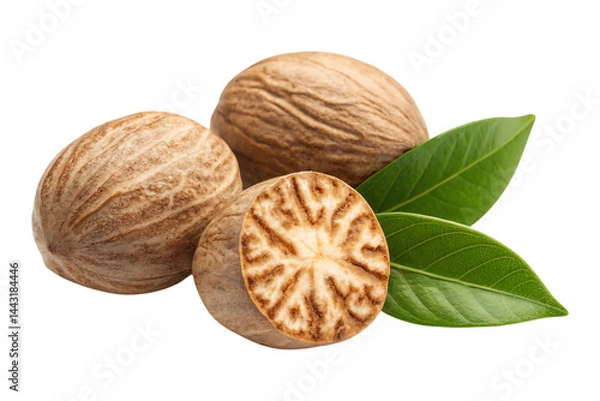 Obraz Aromatic nutmeg seeds one halved with vibrant green leaves