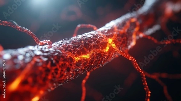 Fototapeta Intricate close-up of glowing red neural network fibers on a dark background representing advanced technology and brain functionality