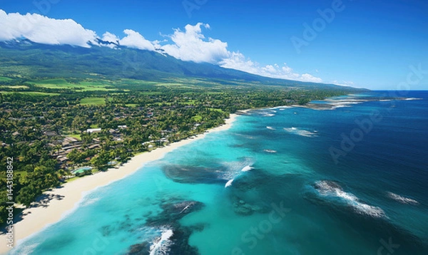 Obraz Aerial view of stunning tropical beach with turquoise waters and lush green landscape.