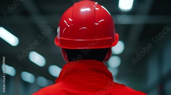 Obraz Safety worker in red hard hat and jacket walking through industrial facility during daytime with modern lighting