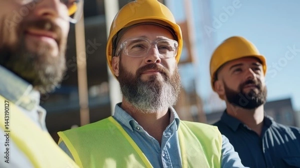 Obraz Construction workers in hard hats observing project progress on a sunny day at a work site