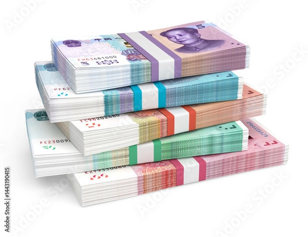 Fototapeta Stack of Chinese Yuan Renminbi banknotes, China's currency