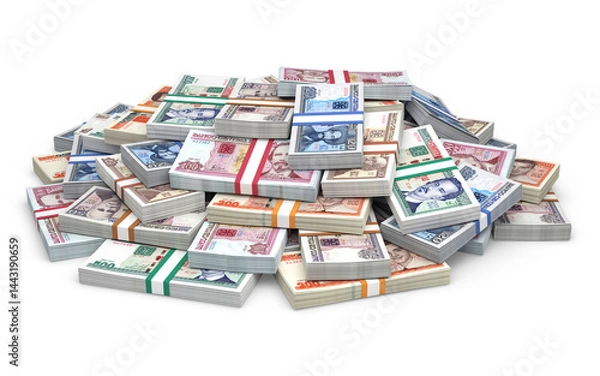 Fototapeta Large pile of various Cuban Peso banknotes, financial wealth concept