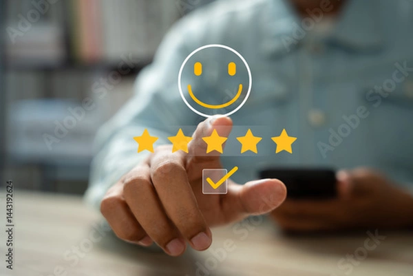Fototapeta Happy customer providing 5-star review via mobile application after receiving outstanding service and quality product. Online customer feedback plays crucial role in business ranking, Consumer trust