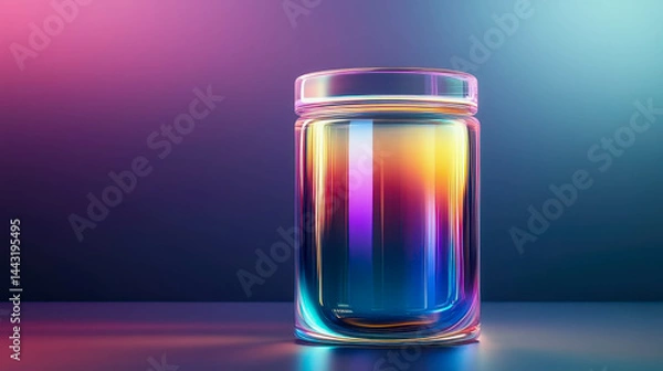 Fototapeta Empty iridescent glass jar reflecting colorful neon lights