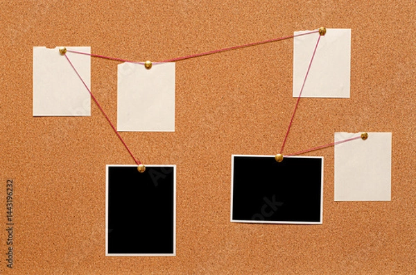 Fototapeta Blank paper notes and an empty photo are pinned to a cork board. The concept of detective investigation.