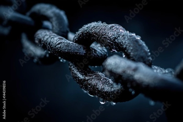 Fototapeta Close-up of wet black metal chain links with water droplets on dark background. Moody blue-black color palette. Concept of strength, connection, security, and industrial or nautical applications.