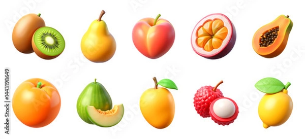 Fototapeta assorted fruits set of 3D Icons – Glossy Minimal Emoji Style, Isolated PNG