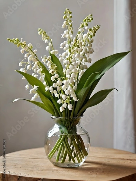 Obraz A bouquet of fresh and delicate lily of the valley in a small vase sits on a table. The white bells are perfectly defined with crisp, luminous contours.