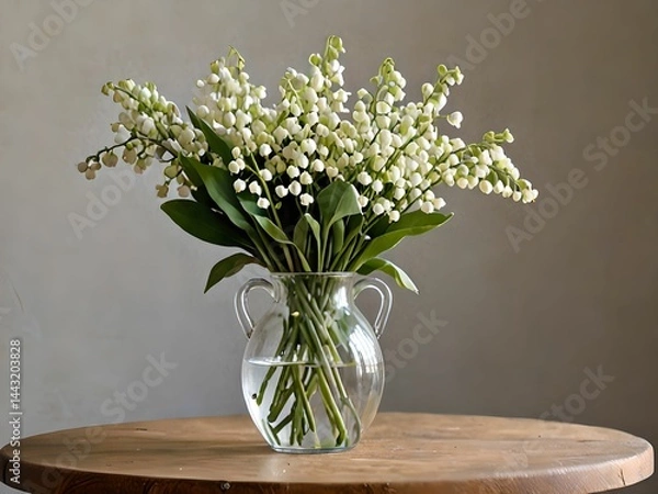 Obraz A bouquet of fresh and delicate lily of the valley in a small vase sits on a table. The white bells are perfectly defined with crisp, luminous contours.