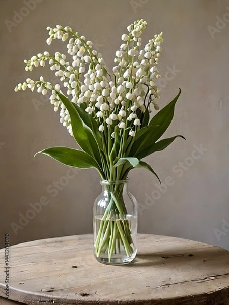 Fototapeta A bouquet of fresh and delicate lily of the valley in a small vase sits on a table. The white bells are perfectly defined with crisp, luminous contours.