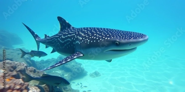 Fototapeta Whale shark, vibrant fish, underwater scene, empty space,  water, gliding