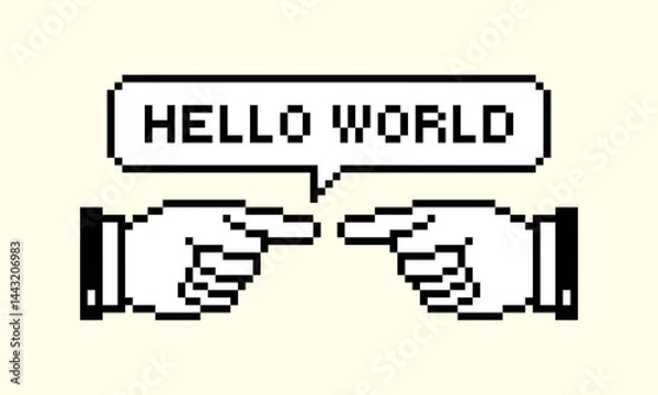 Fototapeta Pixel art with text Hello world and Backhand Index Pointing left or Right . Retro futuristic style. Cyber direction hand icon. Video game sprite. Y2k sticker Fingers gesturing. Black and white.