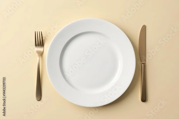 Fototapeta White paper plate on a plain beige background, minimalistic table setting, simple, disposable, clean