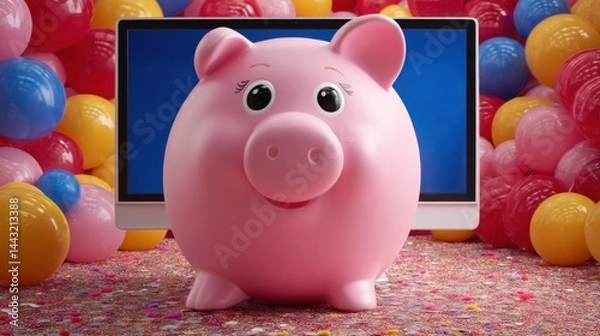Obraz Pink piggy bank smiling in front of a computer screen surrounded by colorful balloons and sprinkles.