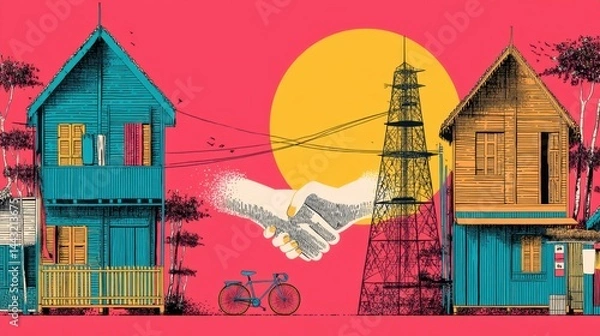 Obraz Stylized illustration of two houses, a bicycle, and a bird in flight against a vibrant pink background with a large yellow sun.