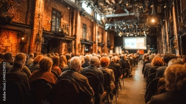 Obraz Large audience attending a presentation in a rustic brick hall. Warm lighting and focused attendees.