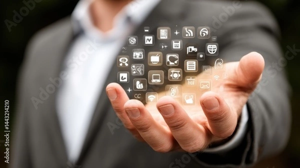 Obraz A businessman's hand gently cradles a sphere of glowing app icons, representing digital technology and innovation.