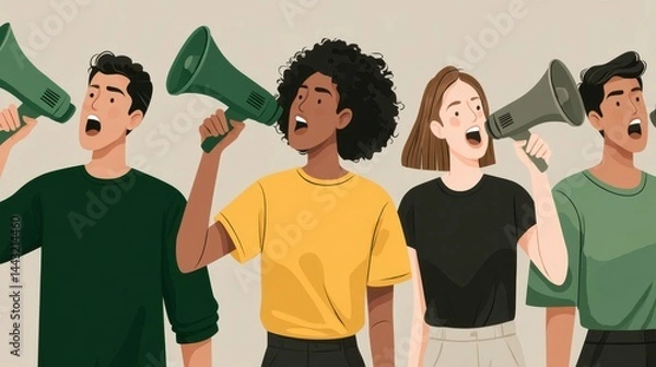 Obraz Four young adults of diverse ethnicities shout into megaphones against a neutral background. Pixel art style.