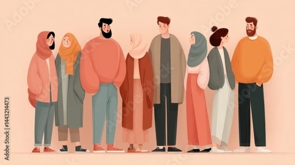 Obraz Diverse group of young adults standing together, smiling and interacting against a peach background. Pixel art style.