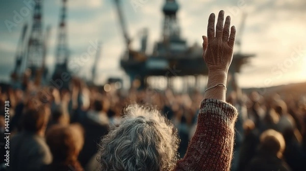 Obraz Crowd of people raising their hands, an elderly woman in the foreground, against the backdrop of an offshore oil rig at sunset.