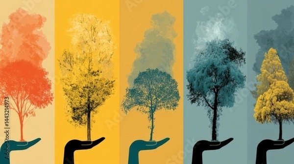 Fototapeta Stylized illustration of five trees in different seasonal colors held in open hands, set against a multicolored background.