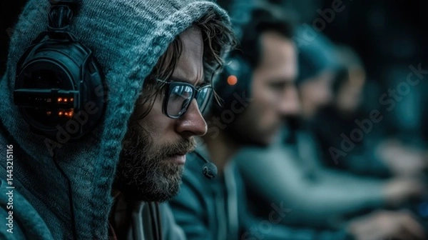 Obraz Man with beard and glasses wearing a hooded jacket covered in snow, using a headset in a dark environment.