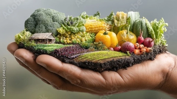 Obraz A hand holds a small patch of soil with various fresh vegetables, including broccoli, corn, tomatoes, and radishes. 
