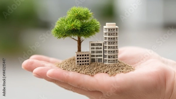 Obraz A hand gently cradles miniature buildings and a small tree on a bed of sand, symbolizing sustainable urban development.
